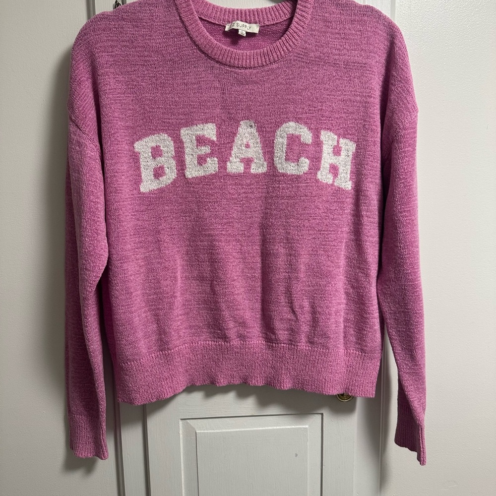 Z Supply Pink Crewneck Sweater with Beach Design